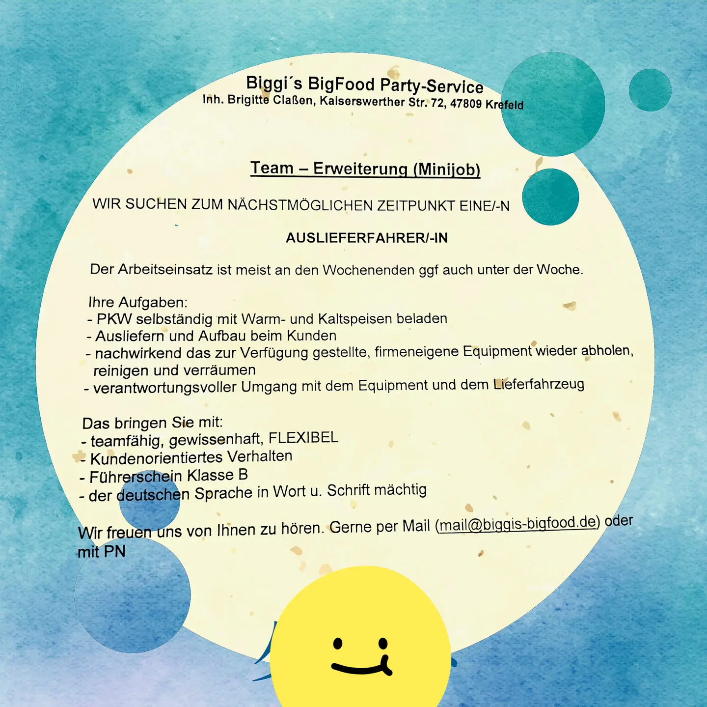 29.07.2024: Wir suchen ein neues Teammitglies Auslieferungsfahrer/in 29.07.2024: batikblauer Hintergrund, beigefarbenen Kreis, darin text zur Suche eines neuenh Teammitglied Auslieferungsfahrer/in -DELUXE-